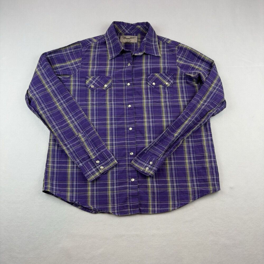 Pearl Snap Western Shirt Sawtooth Pockets Womens Large Purple Plaid Wrangler - Picture 2 of 9